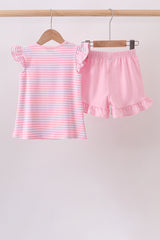 Pink Apple Pencil Embroidery Short Set