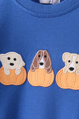 Royal blue puppy pumpkin embroidery romper