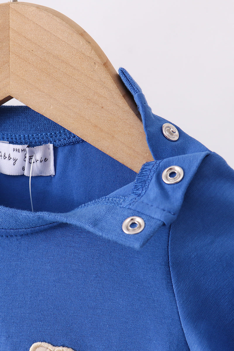 Royal blue puppy pumpkin embroidery romper