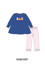 Royal blue puppy pumpkin embroidery pants set