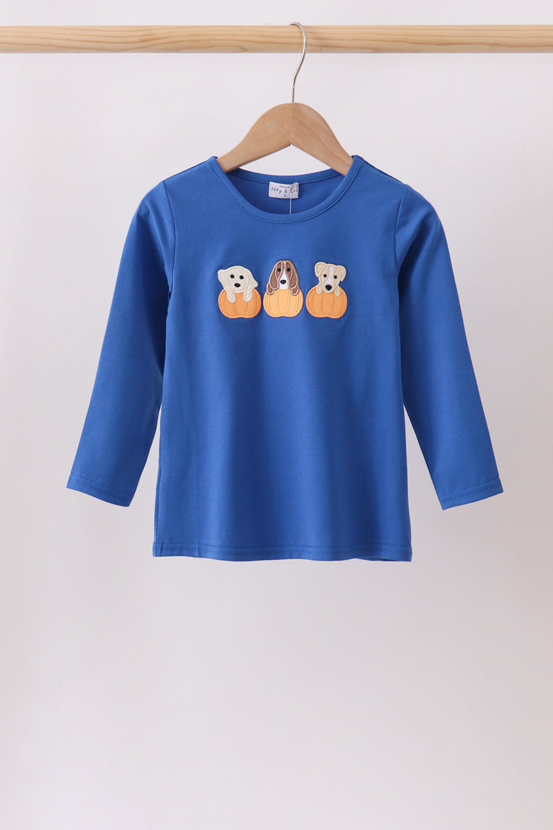 Royal blue puppy pumpkin embroidery top