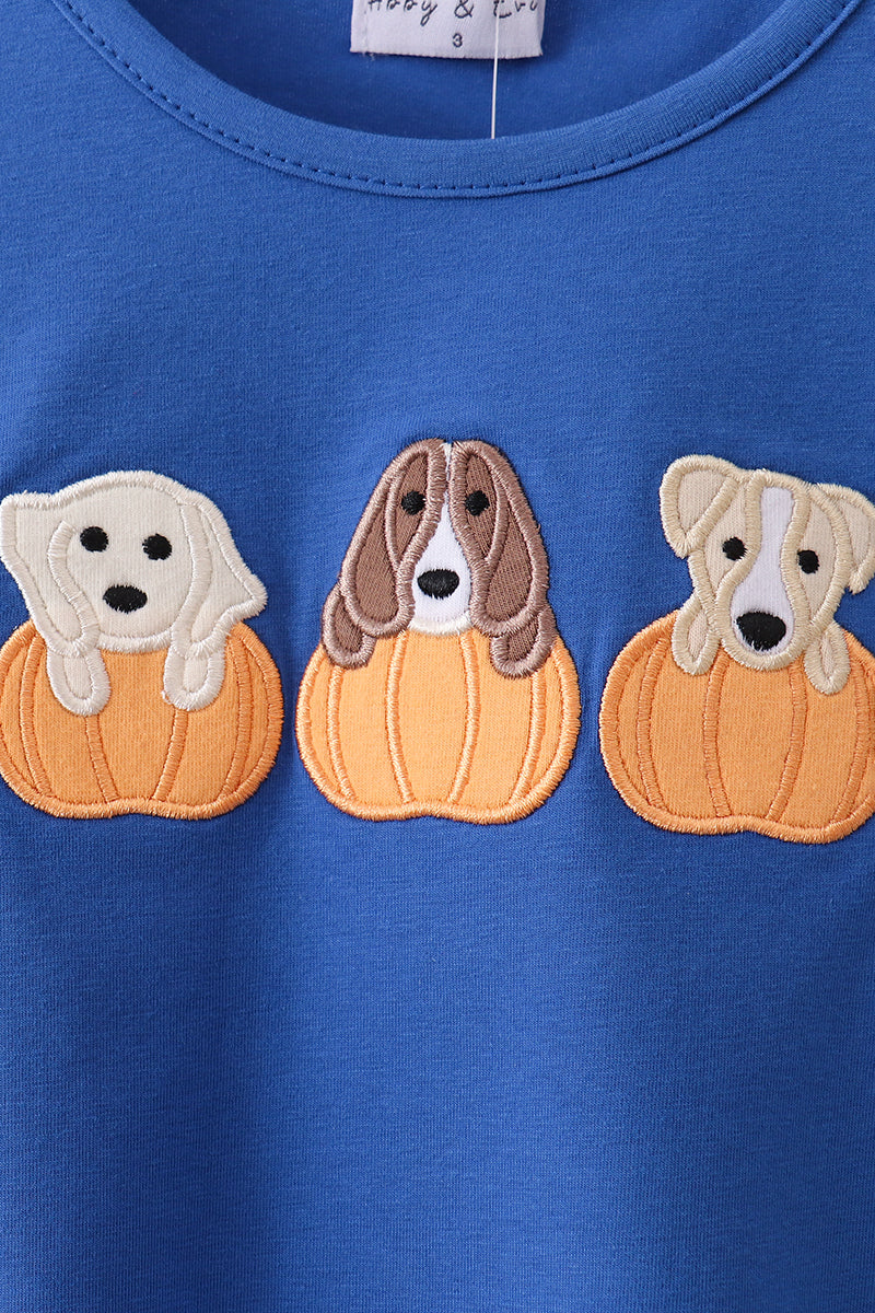 Royal blue puppy pumpkin embroidery top