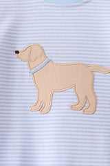 Blue stripe puppy embroidery romper