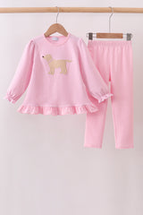 Pink stripe puppy embroidery ruffle pants set