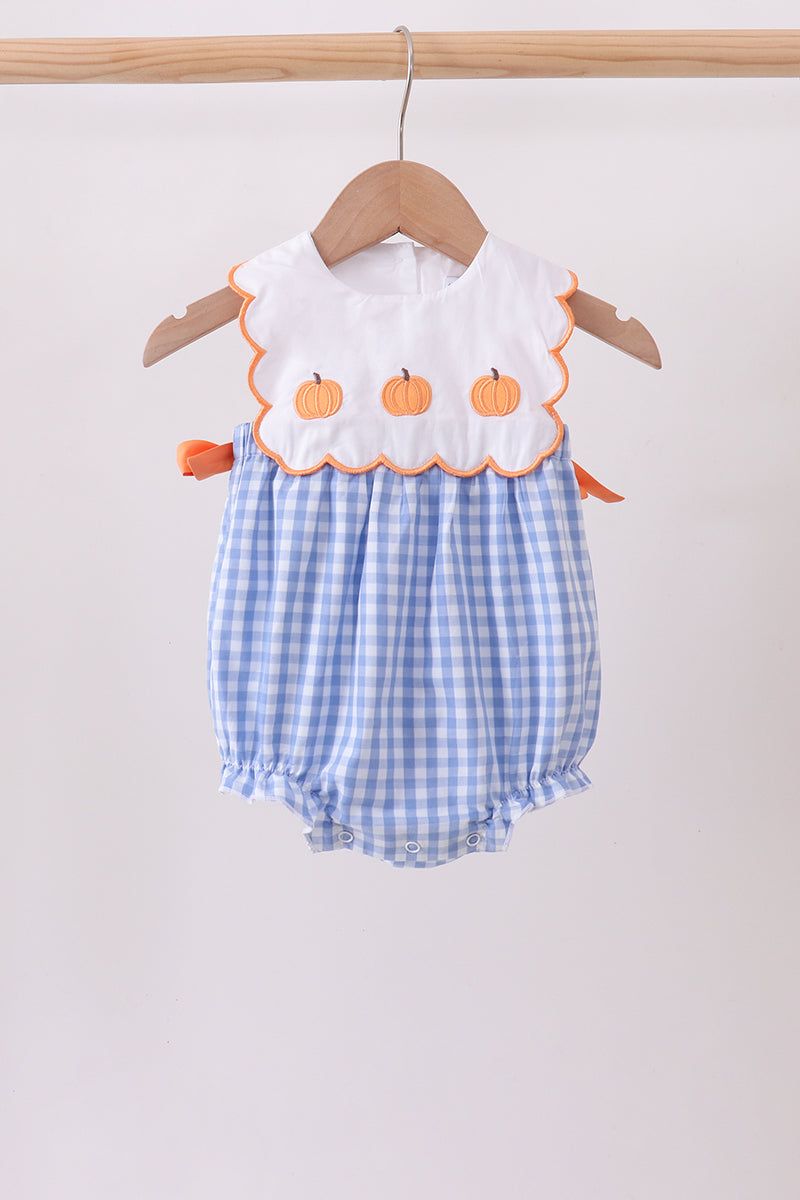 Blue gingham pumpkin embroidery bow bubble