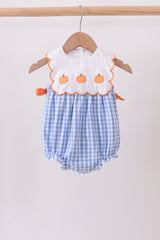 Blue gingham pumpkin embroidery bow bubble