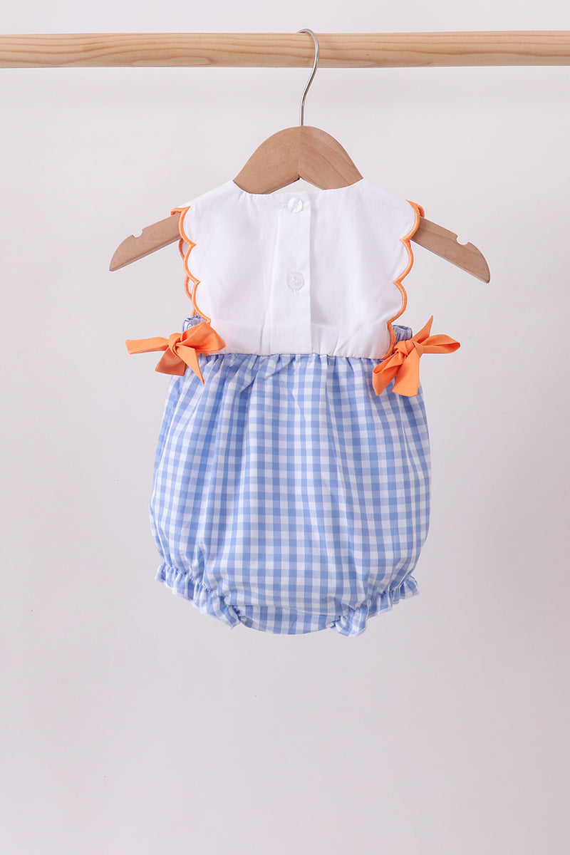 Blue gingham pumpkin embroidery bow bubble