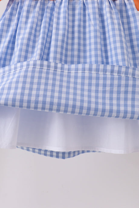 Blue gingham pumpkin embroidery bow dress