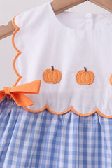 Blue gingham pumpkin embroidery bow dress