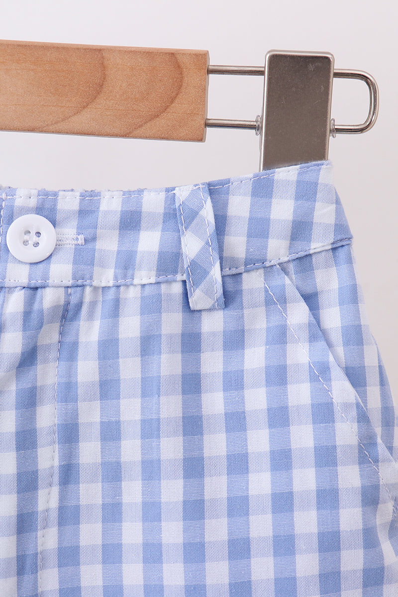 Blue gingham pumpkin embroidery shorts set