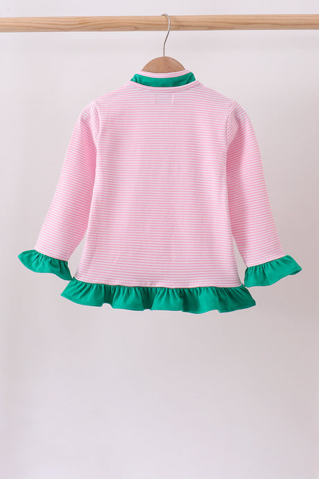 Pink stripe duck embroidery ruffle pullover