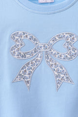 Blue Floral Bow Embroidery Top