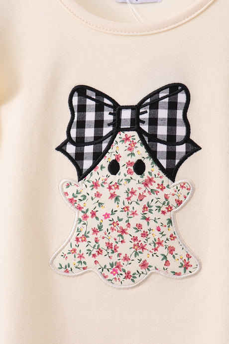Beige ghost bow embroidery pants set