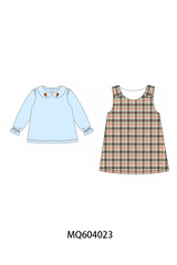 Blue turkey embroidery plaid 2pc set