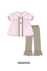 Pink turkey embroidery ruffle gingham pants set