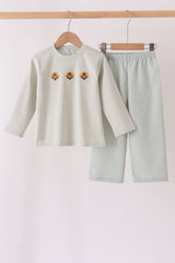 Green turkey embroidery gingham pants set