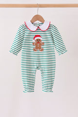 Green stripe gingerbread embroidery ruffle romper