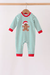 Green stripe gingerbread embroidery romper