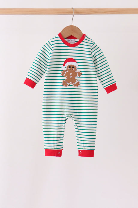Green stripe gingerbread embroidery romper