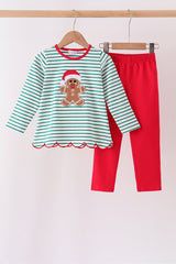 Green stripe gingerbread embroidery scalloped pants set