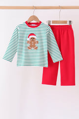 Green stripe gingerbread embroidery pants set