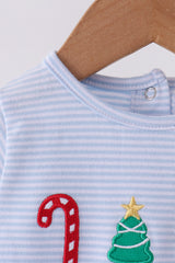 Blue christmas tree gingerbread embroidery stripe romper