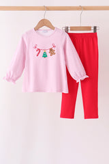 Pink christmas tree gingerbread embroidery pants set