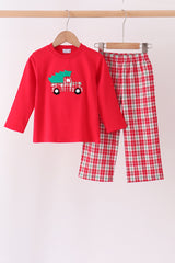 Red christmas tree truck embroidery plaid pants set