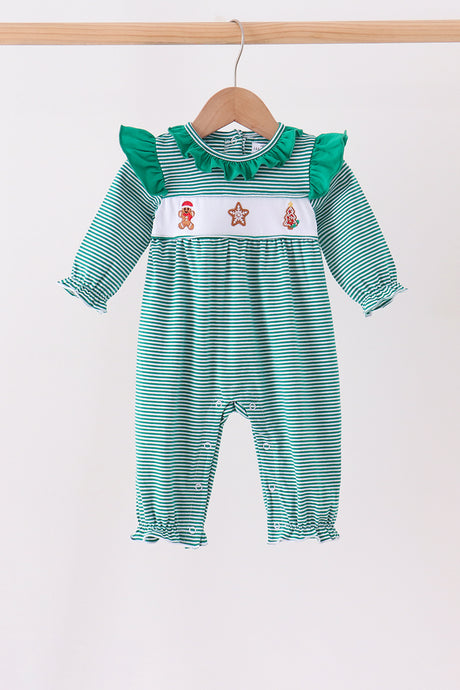 Green gingerbread embroidery stripe ruffle romper