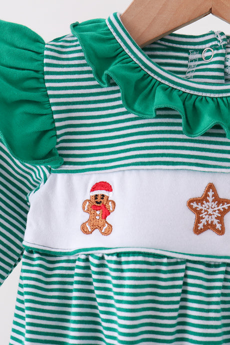 Green gingerbread embroidery stripe ruffle romper