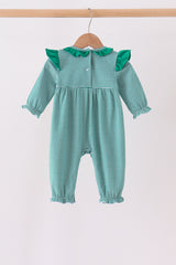 Green gingerbread embroidery stripe ruffle romper