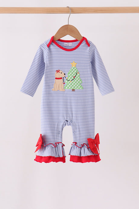 Blue christmas tree puppy embroidery stripe ruffle romper