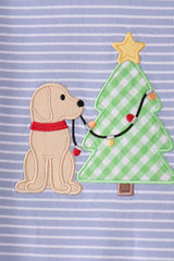 Blue christmas tree puppy embroidery stripe romper