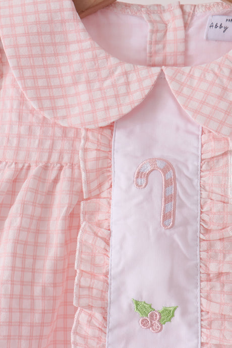 Pink candy cane holly embroidery plaid pants set