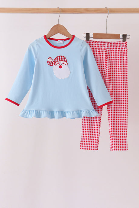 Blue santa claus embroidery ruffle gingham pants set