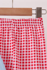 Blue santa claus embroidery ruffle gingham pants set