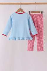 Blue santa claus embroidery ruffle gingham pants set
