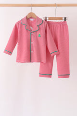 Red stripe christmas tree embroidery pants set