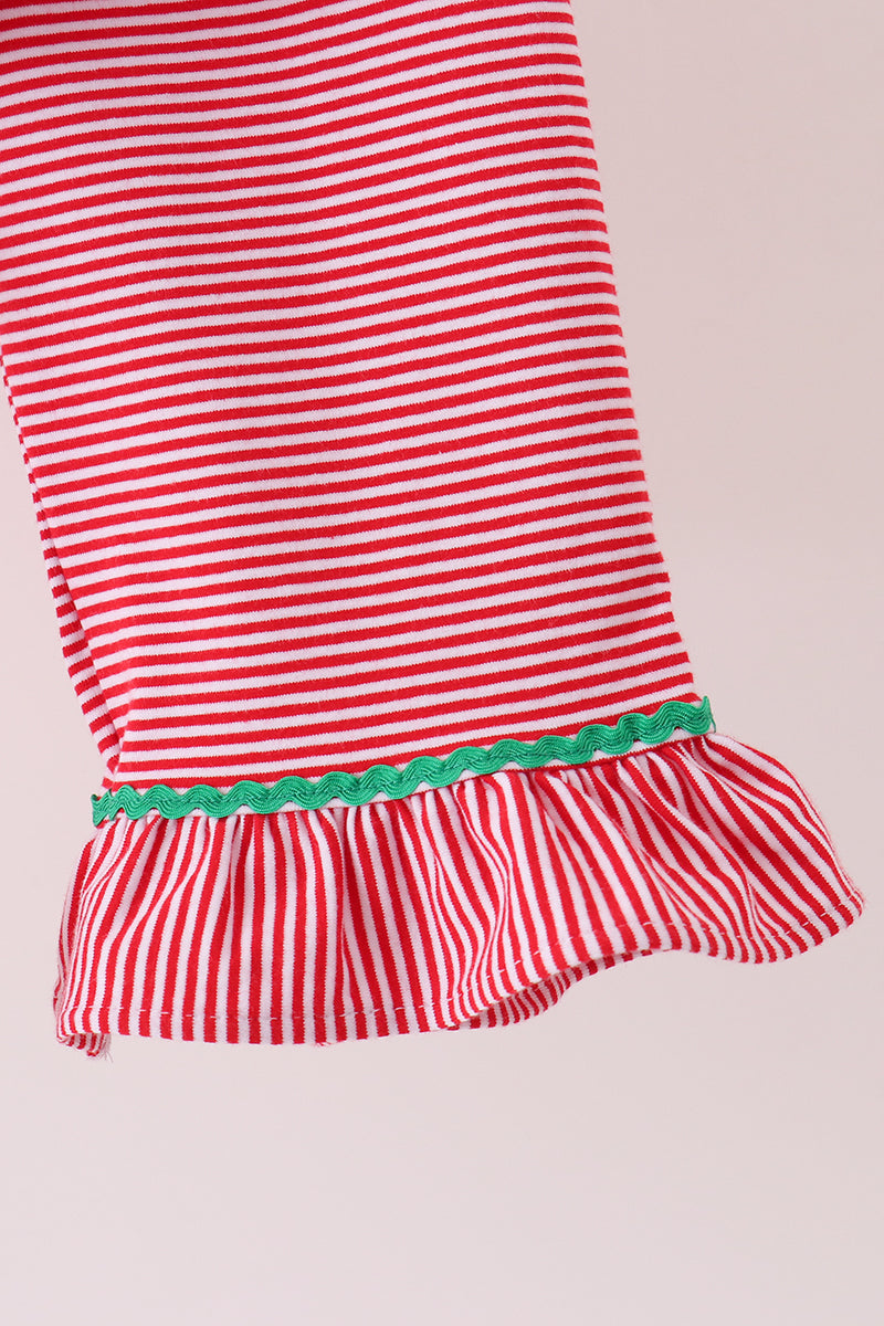 Red stripe christmas tree embroidery ruffle pants set