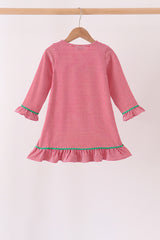 Red stripe christmas tree embroidery ruffle dress