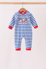 Blue stripe train gingerbread embroidery romper