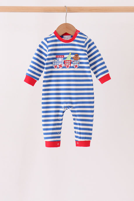 Blue stripe train gingerbread embroidery romper