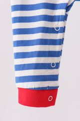 Blue stripe train gingerbread embroidery romper