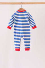 Blue stripe train gingerbread embroidery romper