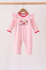 Pink gingerbread embroidery stripe ruffle romper