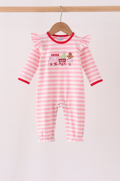 Pink gingerbread embroidery stripe ruffle romper