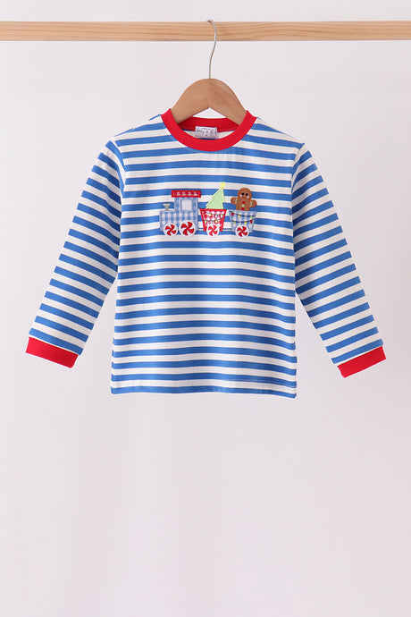 Blue stripe gingerbread embroidery top