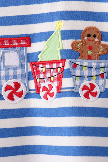 Blue stripe gingerbread embroidery top