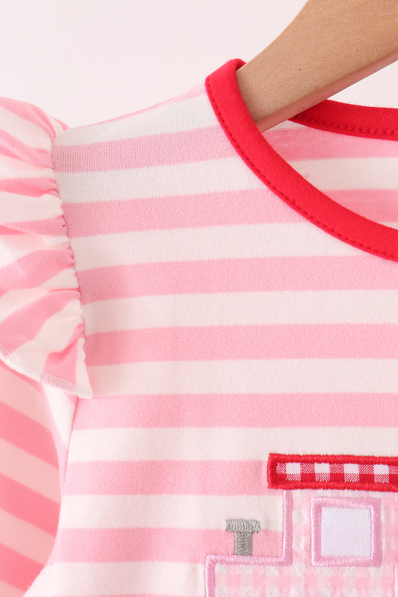 Pink stripe gingerbread embroidery ruffle pants set
