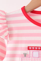 Pink stripe gingerbread embroidery ruffle pants set